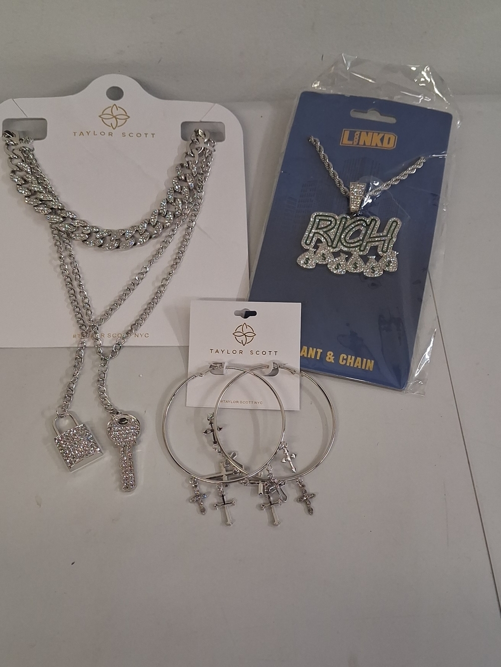 Silver-Tone Layered Lock & Key Necklace and Cross Hoop Earring Set & RICH Necklc